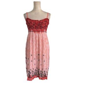 Buba Moda Smocked Midi Dress Lined Floral  Beaded Scalloped Fairy Coquette L/XL